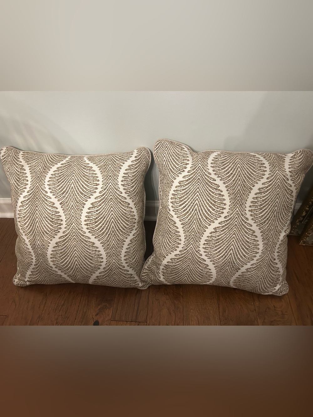 Pair of 22" Designer Accent Pillows – Taupe Wavy Palm Motif (Perfect Condition)